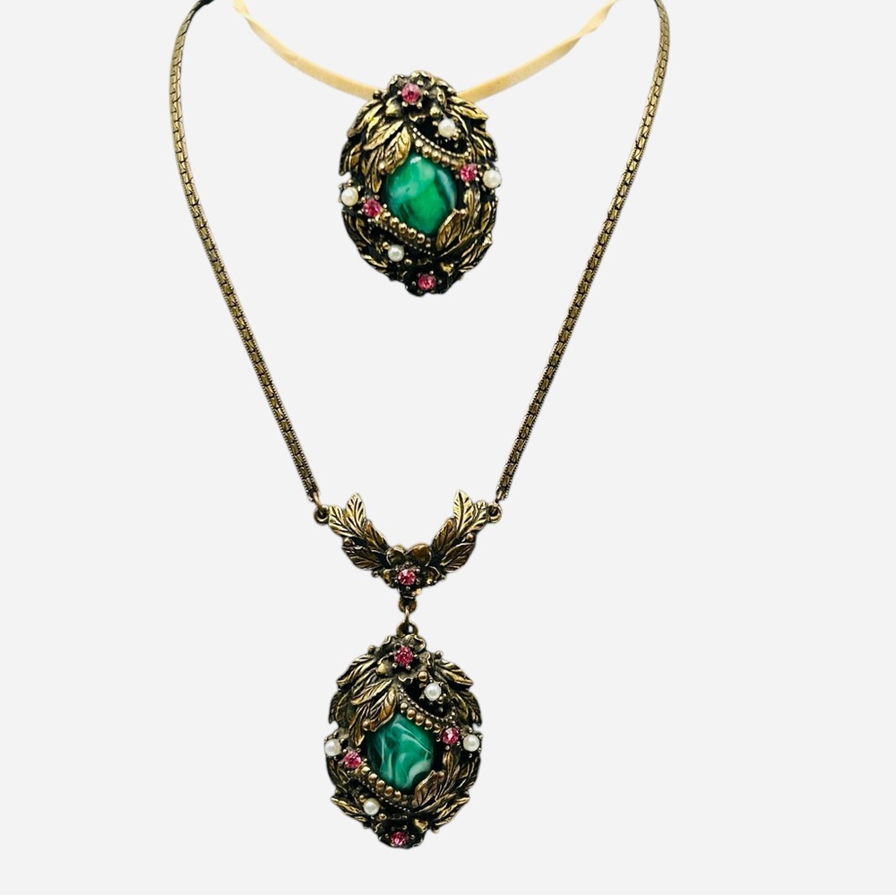 Vintage Victorian Revival Rhinestone and Lucite Brooch Necklace Set